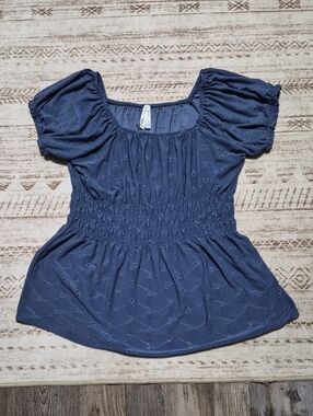 Smocked Puff-Sleeve Eyelet Blouse — Blue